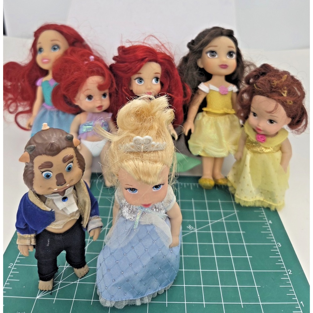 Disney Princess Lot 7 Petite & Mini Dolls Ariel, Belle, Beast, Cinderella